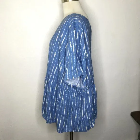 Denim & Co. Naturals Printed Linen Blend Peplum Blouse Plus Size 2X Blue/White - Picture 6 of 11